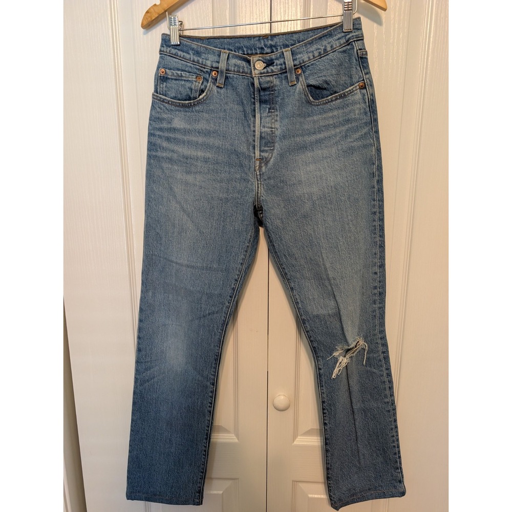 Levis 501 Jeans Womens 29x27 Medium Wash Straight Button Fly Distressed